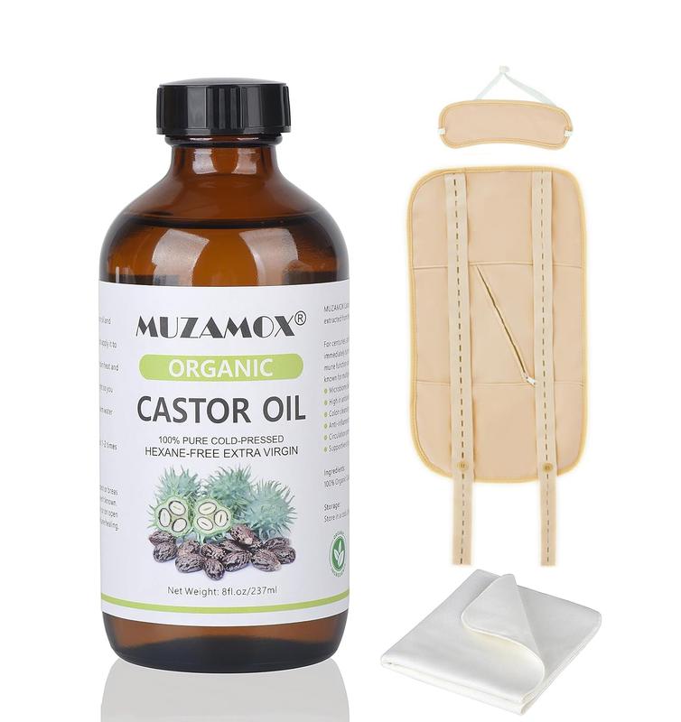 [Large Bottle] MUZAMOX Castor Oil Organic Cold Pressed Unrefined Glass Bottle (8fl.oz 237ml), Castor Oil Pack Wrap Organic Cotton and Castor Oil Packs for Body Care  Comfort Cosmetic