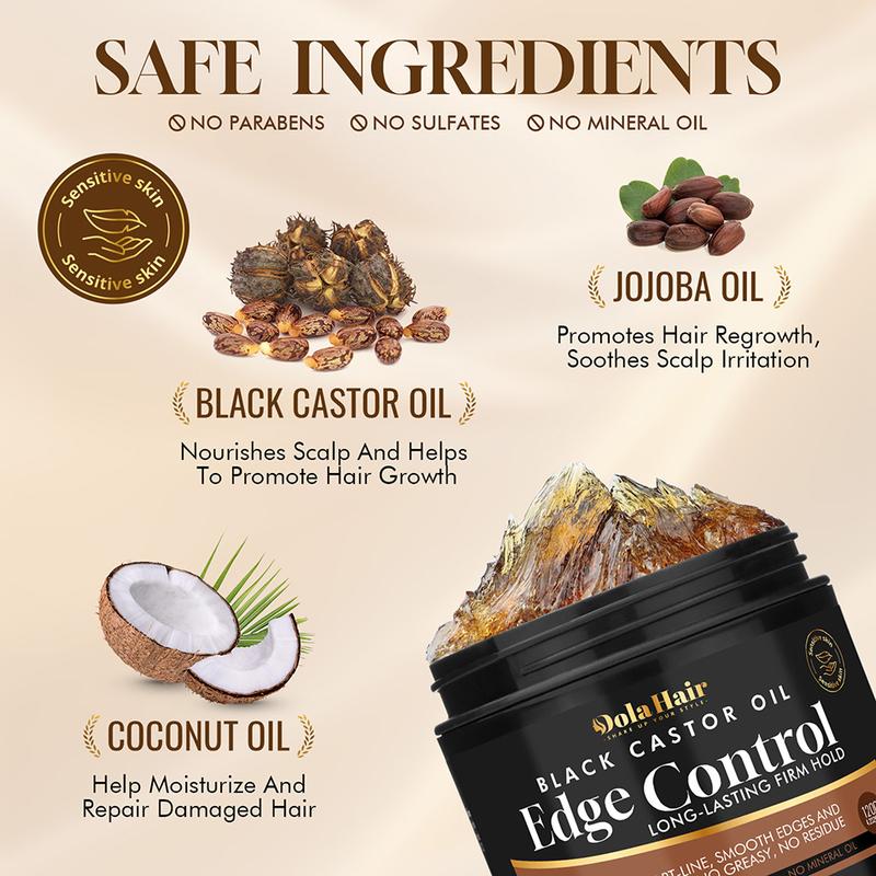 Black Castor Oil Edge Control Strong Hold Non-greasy Edge Smoother, Edges Styling Tamer Long-lasting Edge Control for Natural Hair