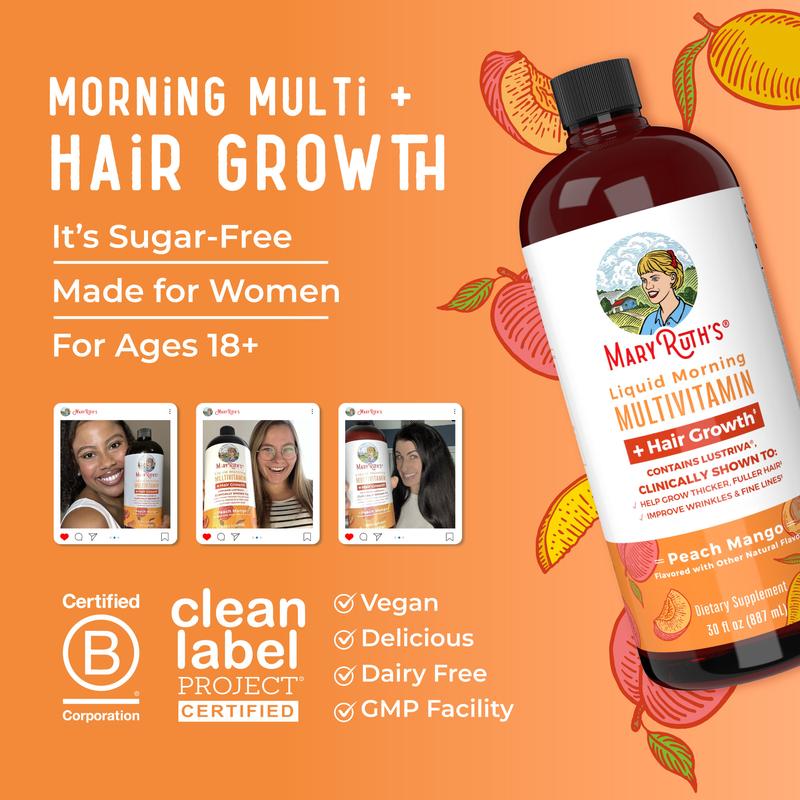 MaryRuth's Liquid Multivitamin + Hair Growth With Clinically Tested Lustriva - Thicker Hair - Reduce Wrinkles & Fine Lines - Vegan - 3-Pack, 30 Oz