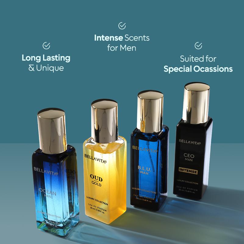 Luxury Collection Gift Set by BellaVita Luxury | 4 Minis | For Men & Women | Oud Gold, CEO Man Intense, Ocean Man, BLU Man | EDP | 4x20 ml