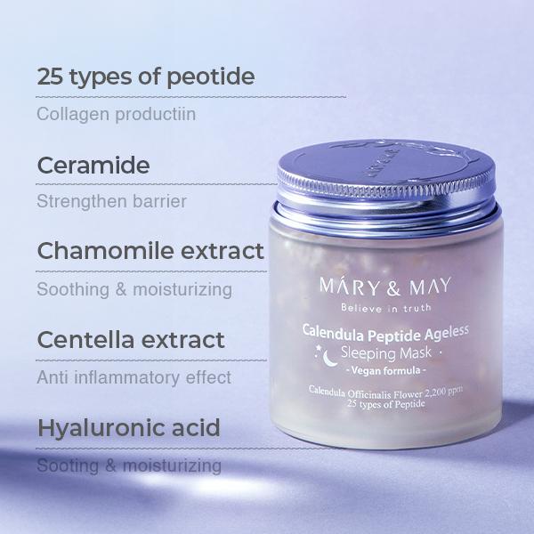 [Mary&May] Vegan Calendula Peptide Ageless Sleeping Mask - Overnight Hydration Face Gel Mask Korean Facial Mask - Soothing Acne, and Anti-Aging with Ceramide, Hyaluronic Acid, Cica, 3.7 fl.oz. korea  face