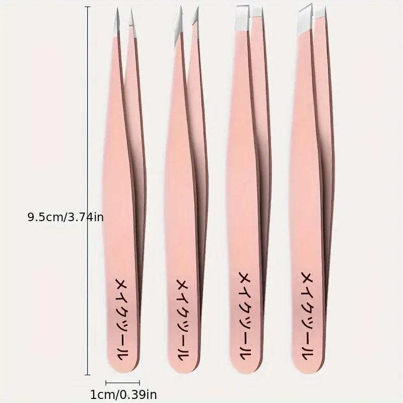 Stainless Steel Eyebrow Tweezers Set, 4 Counts set Precision Slant Tip Angle Tip Pointed Tip Tweezers for Eyebrow Hair Facial Hair Removal, Makeup Tools, Christmas Gift