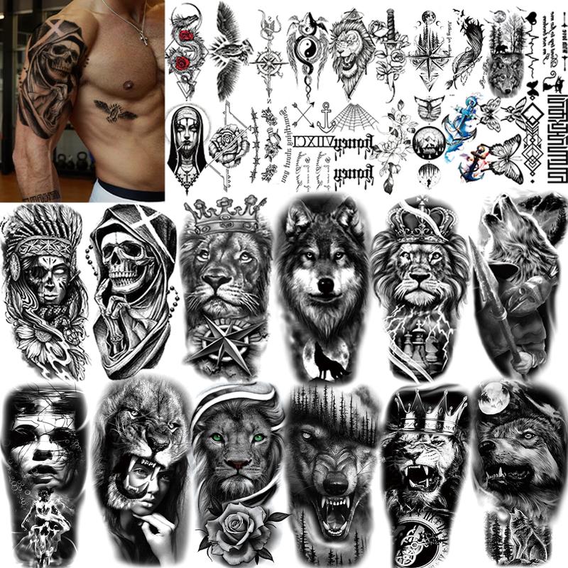 12 Sheets Large-Size Black Temporary Tattoos Stickers,24 Sheets Small-Size Black Temporary Tattoos Stickers,Forearm Designs Featuring Tribal, Wolf, Tiger, Lion, Owl, Skeleton Skull, Temp Halloween Fake Tattoo Stickers, Rose, and Animals