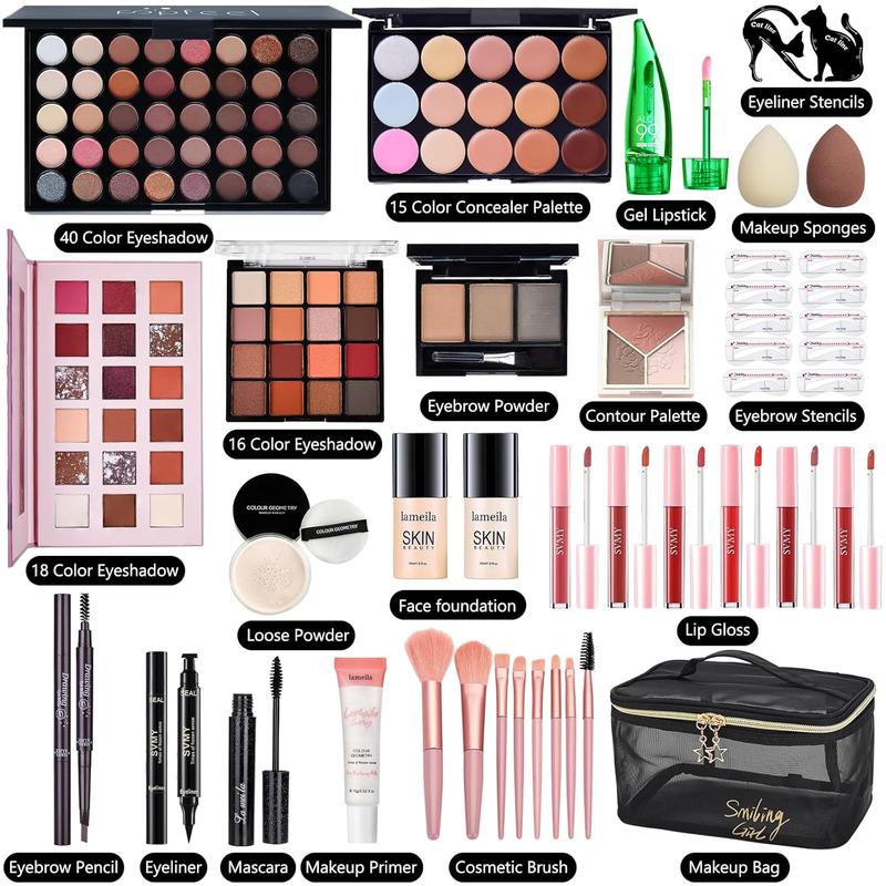 All in One Makeup Kit for Women Full Kit, Make Up Gift Set for Women, Makeup Essential Bundle Includes Foundation  Primer Eyeshadow Contour Palette Lipstick Eyeliner Mascara  Brush Set