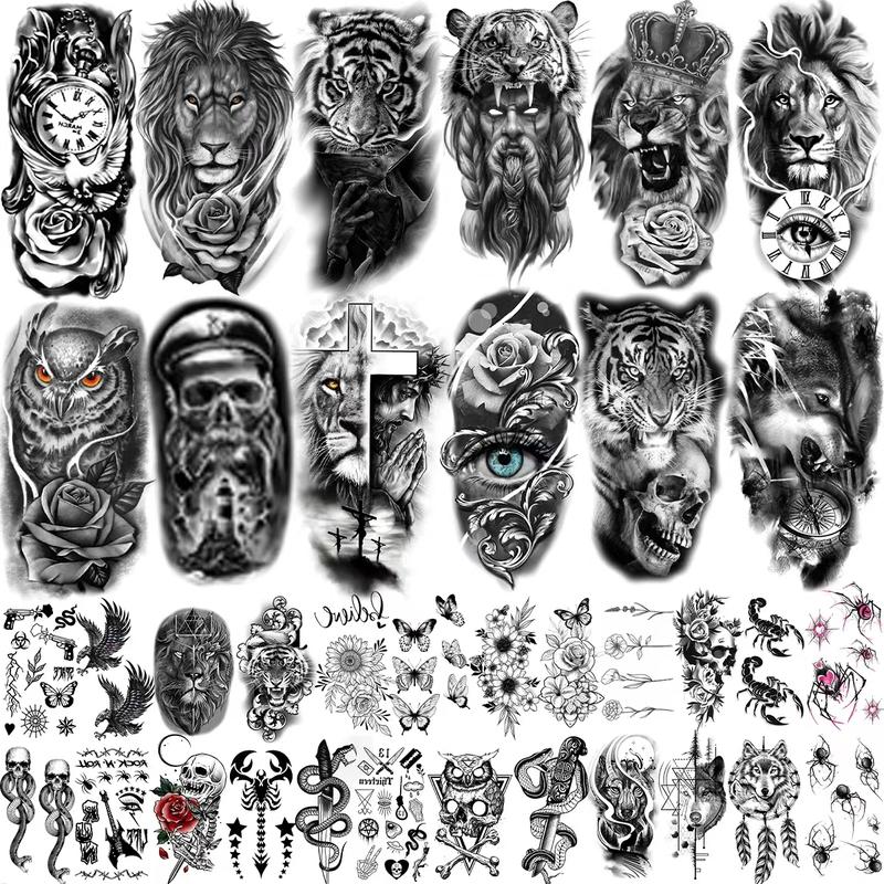 12 Sheets Large-Size Black Temporary Tattoos Stickers,24 Sheets Small-Size Black Temporary Tattoos Stickers,Forearm Designs Featuring Tribal, Wolf, Tiger, Lion, Owl, Skeleton Skull, Temp Halloween Fake Tattoo Stickers, Rose, and Animals