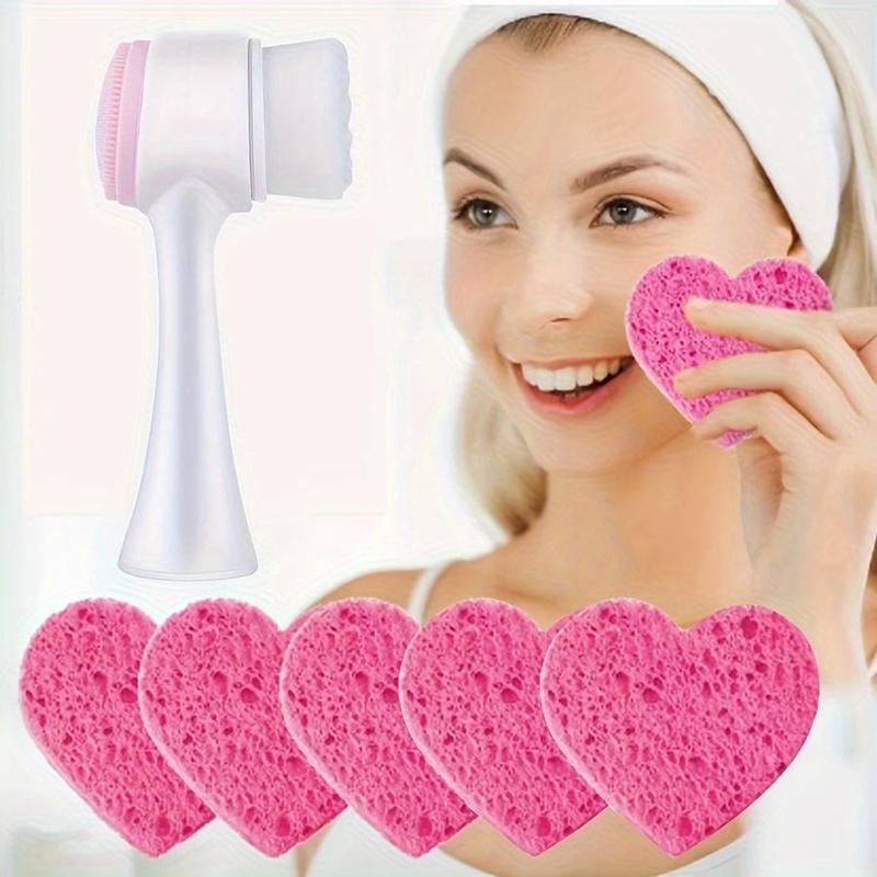 Facial Cleaning Tool Set, 6 Counts set Heart Shape Double-sided Face Wash Sponge & Face Brush, Makeup Removal Tool, Face Wash Tool