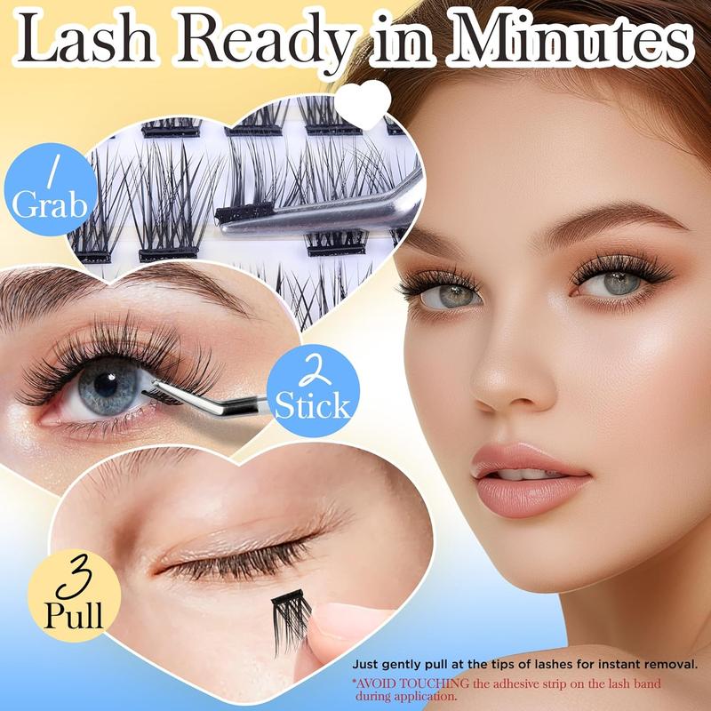 Self-adhesive False Eyelashes Clusters, D Curl Lash Clusters Kit with Lash Tweezer 10-16mm, Press On Eyelashes No Glue Needed Lash Extension Kit,Self Stick Cluster Lashes 110 PCS