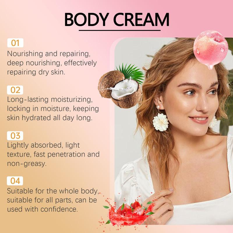 Strawberry Cake & Peach & Coconut Donut Body Cream, 1 3 Boxes Moisturizing Body Cream, Hydrating Body Lotion for Women, Body Care Product for Daily Use