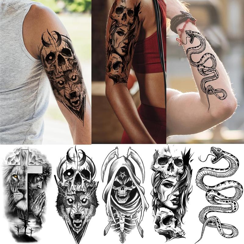 52 Sheets Black  Temporary Tattoos for  Men Women, Include 10 Sheets Large Half Arm Sleeve  Tattoos, 200+  Spider Snake Tiger Lion  Bat Vampire Scar  Tattoos