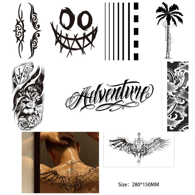 8 sheets Large-Size Realistic Waterproof SemiPermanent Tattoo Stickers,Black Temporary Tattoos Stickers Lasts 7-15 Days, Forearm Designs Featuring Tribal, Wolf, Tiger, Lion, Owl, Skeleton Skull, Temp Halloween Fake Tattoo Stickers, Rose, and Animals