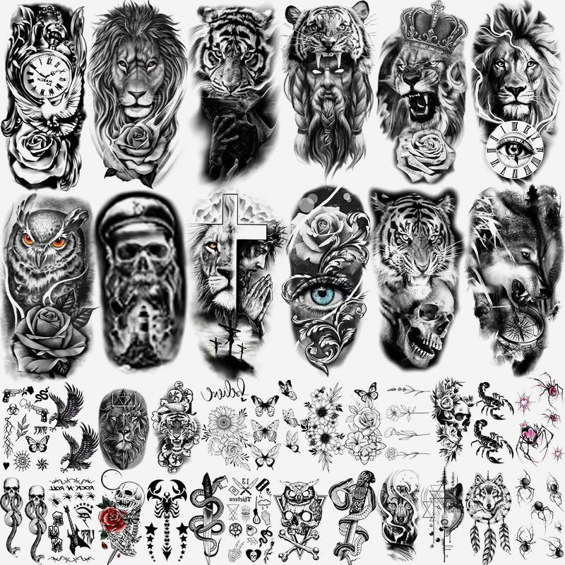 Death Skull Compass Flower Fake Tattoo Headband 36pcs Large Black Arm Temporary for Men's Forearm Women's Thigh Temporary Paper Adults No Fading