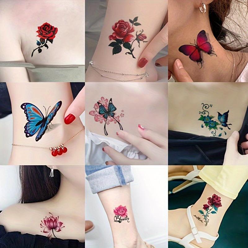 20 Pieces Waterproof Temporary Tattoo, Long Lasting Fake Tattoo Stickers with Rose and Butterfly Design for Face, Arm, Back, Leg Body Art-Rectangle