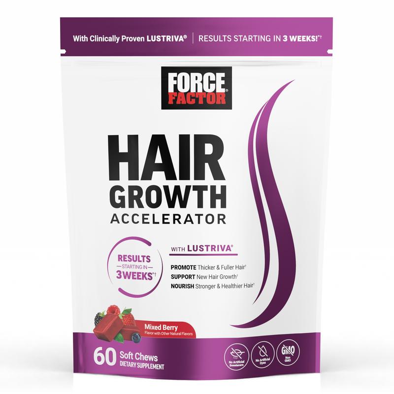 Force Factor Hair Growth Accelerator with Clinically Proven Lustriva to Promote Thicker, Stronger Hair, Biotin, Vitamin E & C, Mixed Berry, 60 Silicon