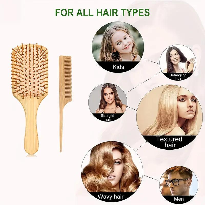 Natural Bamboo Head Massage Comb, 6 Counts set Styling Comb, Including Pointed Tail Comb & Wide Tooth Comb & Massage Air Cushion Comb & Double-edged Comb, Hair Styling Tools, Christmas Gift