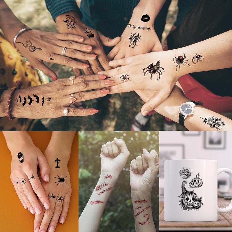 52 Sheets Black  Temporary Tattoos for  Men Women, Include 10 Sheets Large Half Arm Sleeve  Tattoos, 200+  Spider Snake Tiger Lion  Bat Vampire Scar  Tattoos