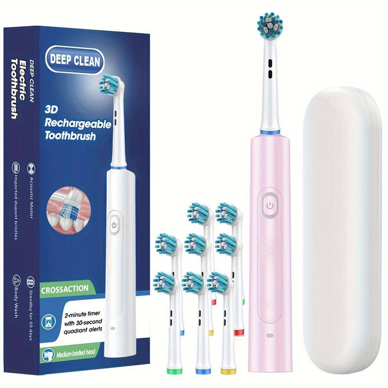 Electric Toothbrush Set, 1 Box Rechargeable Electric Toothbrush & 8 Counts Replacement Heads & 1 Count Travel Case, Portable Toothbrush Set for Adults, Personal Care Appliances, Gift for Chritmas  Girl Friend  New Year