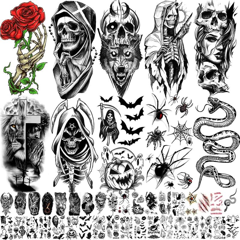 52 Sheets Black  Temporary Tattoos for  Men Women, Include 10 Sheets Large Half Arm Sleeve  Tattoos, 200+  Spider Snake Tiger Lion  Bat Vampire Scar  Tattoos