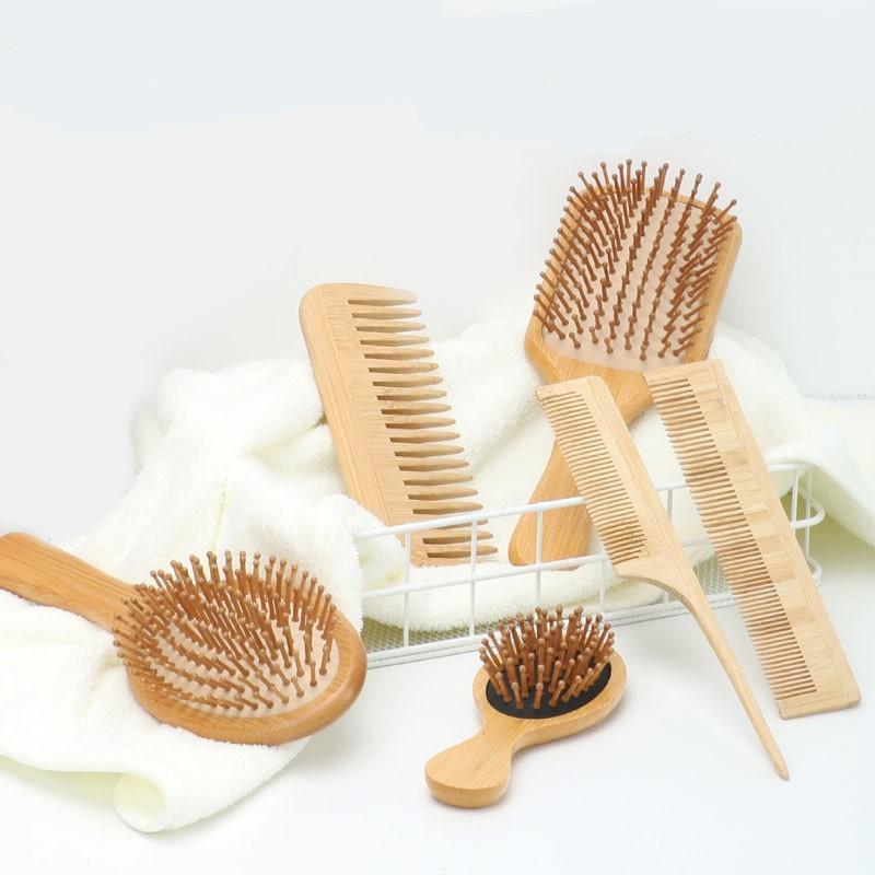 Natural Bamboo Head Massage Comb, 6 Counts set Styling Comb, Including Pointed Tail Comb & Wide Tooth Comb & Massage Air Cushion Comb & Double-edged Comb, Hair Styling Tools, Christmas Gift