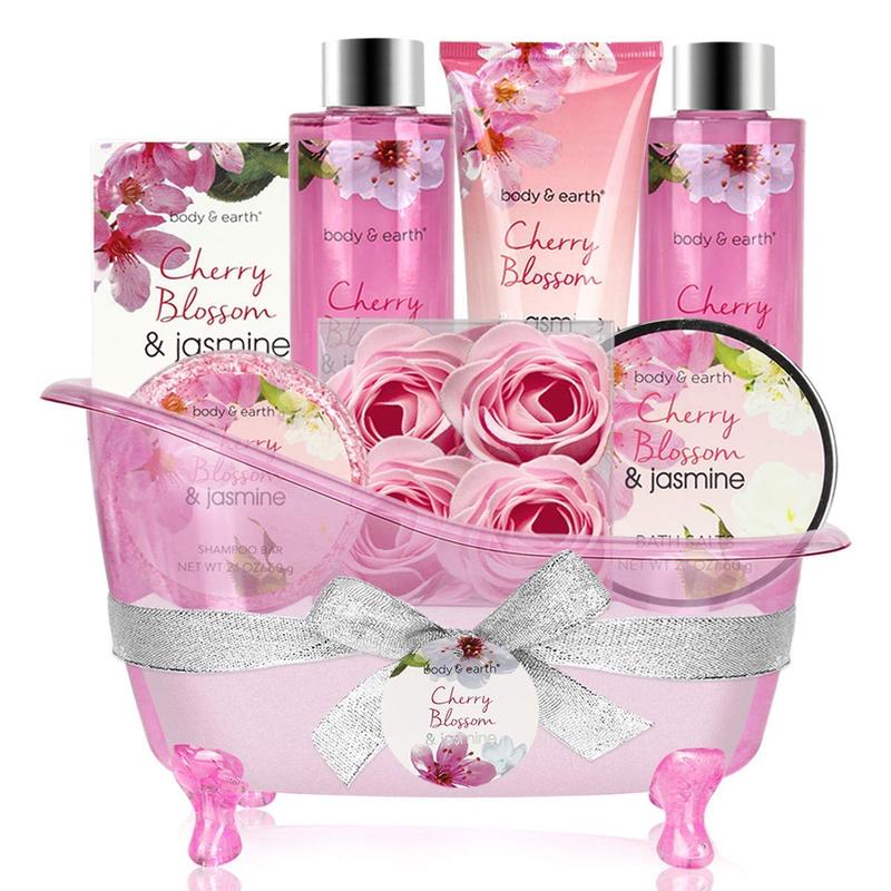 Bath and Body Spa Gift Set with Cherry Blossom & Jasmine Scent Bubble Bath, Shower Gel, Shampoo Bar Soap, Bath Sets for Women Gift, Bath and Body Care Sets, Self Care Bundles, Bubble Skincare, Valentine Basket Hygiene Kit for Girls