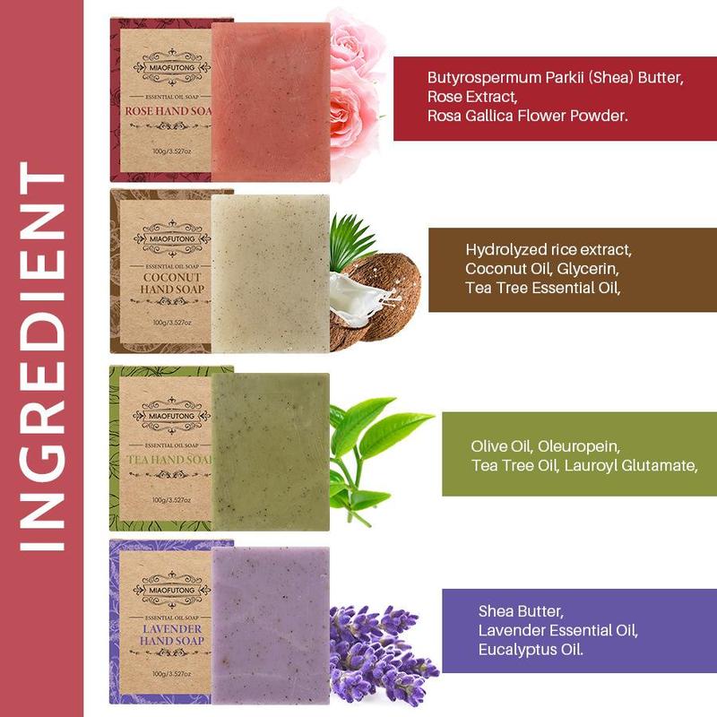 Rose & Lavender & Tea Tree & Coconut Handmade Soap, 4 Counts set Natural Exfoliating Soap Bar, Body Wash & Cleansers for Women