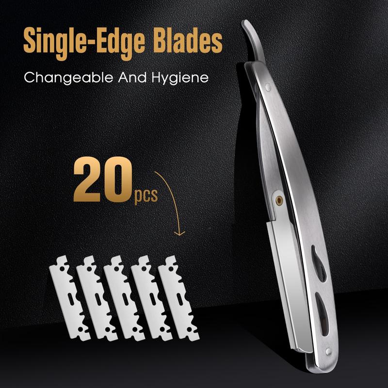 Professional Straight Razors, Straight Edge Razor Shaving Kit for Men with Silver Straight Blade Razor, 20-Pack Single Edge Blade, Scissors, Tweezers, Leather Blade Holder