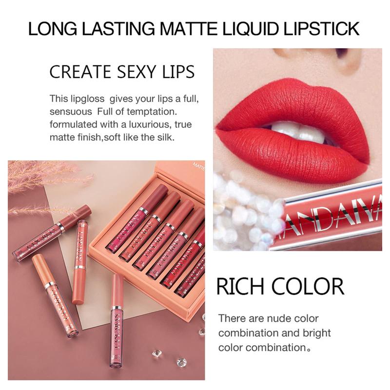 6Counts Waterproof Long-Lasting Matte Lipstick Set Easily Tinted and Moisturizing Lipsticks Suitable for All Occasions Lip Makeup Matte Lip Gloss Lipstick Pearls Girls and Women Makeup Accessories Cosmetic Glossy