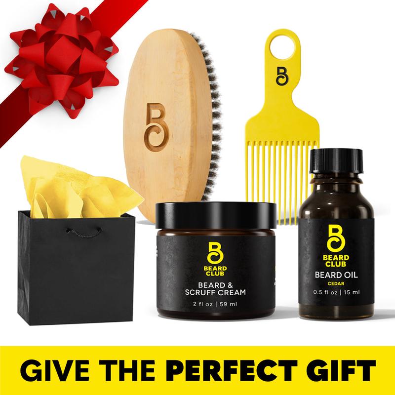 Stocking Stuffer Beard Care Gift Kit - Beard Club - Gift Wrap Included - Cedar Beard Balm, Beard & Scruff Cream, Beard Brush and Beard Pick