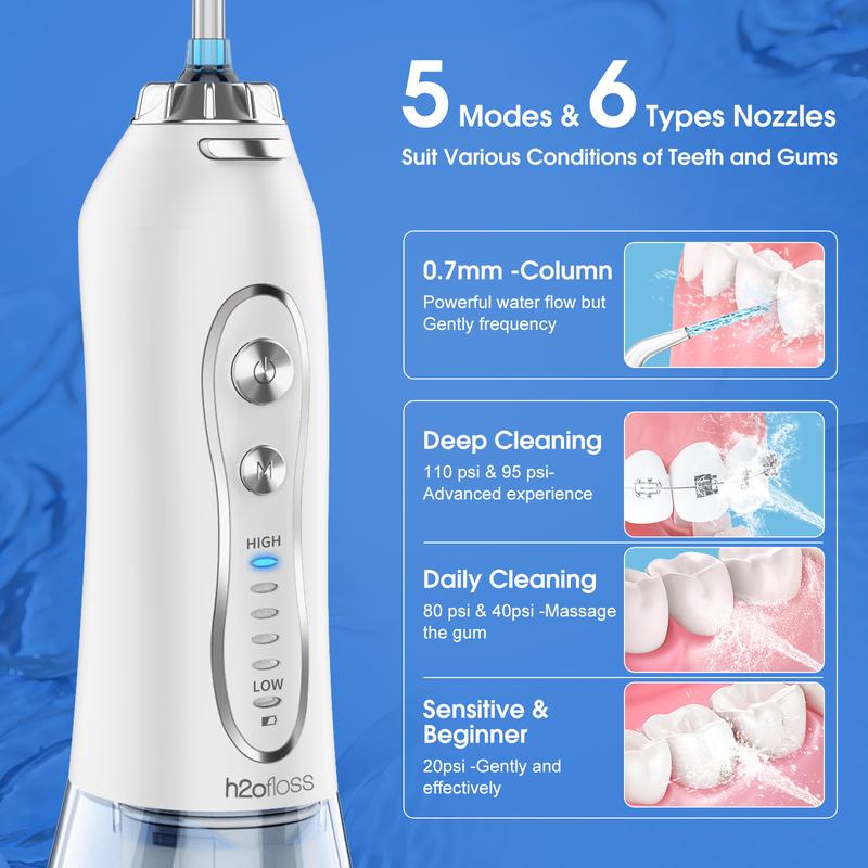 h2ofloss water flosser 300ML watertank & IPX7 Waterproof plus 5 modes,Cordless Oral Irrigator HF-6