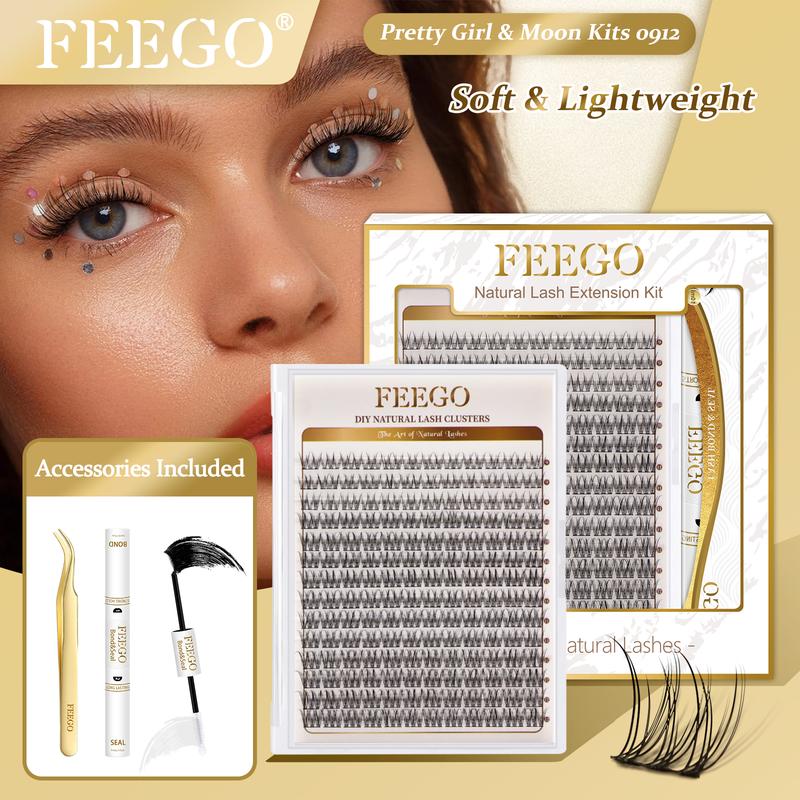 FEEGO Natural Lash Extensions Kit Lash Clusters Kit 9-12mm C Curl Individual Lashes Clusters Waterproof Wispy Eyelashes Extensions Kit Cosmetic Makeup