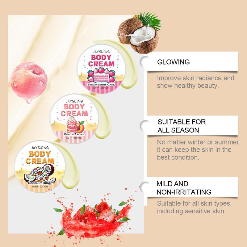 Strawberry Cake & Peach & Coconut Donut Body Cream, 1 3 Boxes Moisturizing Body Cream, Hydrating Body Lotion for Women, Body Care Product for Daily Use