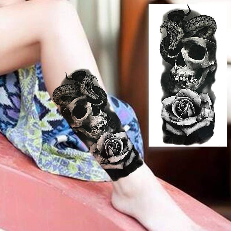 Snake & Rose & Skull Head Pattern Temporary Tattoo Sticker, 1 Count Arms & Legs Tattoo Sticker, Body Decoration for Men & Women