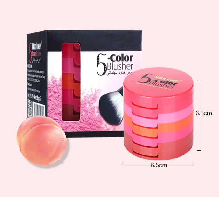 PPLEA 5 Colors Waterproof Face Blusher Palette with Brush Mirror - Pink Coral Blushing Pallet for Women Makeup Gift Set Kit - Cosmetic