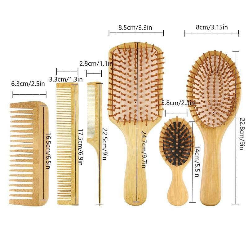 Natural Bamboo Head Massage Comb, 6 Counts set Styling Comb, Including Pointed Tail Comb & Wide Tooth Comb & Massage Air Cushion Comb & Double-edged Comb, Hair Styling Tools, Christmas Gift