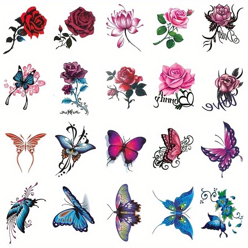 20 Pieces Waterproof Temporary Tattoo, Long Lasting Fake Tattoo Stickers with Rose and Butterfly Design for Face, Arm, Back, Leg Body Art-Rectangle