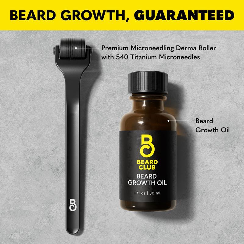 Derma Roller Starter Kit - Beard Club - Premium Microneedling Roller with 540 Titanium Microneedles, Replaceable Head, and Weighted Handle for Face, Body and Scalp - Beard Roller with Beard Growth Oil