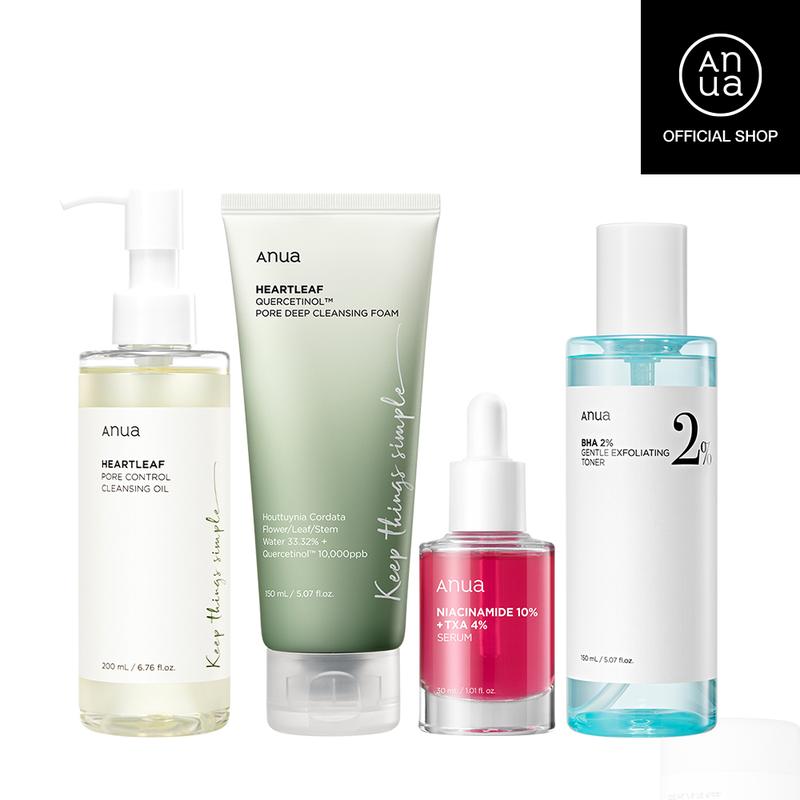 [Anua Official Shop] Sebum care set with chemical exfoliant for oily skin (Cleansing Oil + Foam + BHA Toner + TXA Serum)| Face wash, niacinamide serum