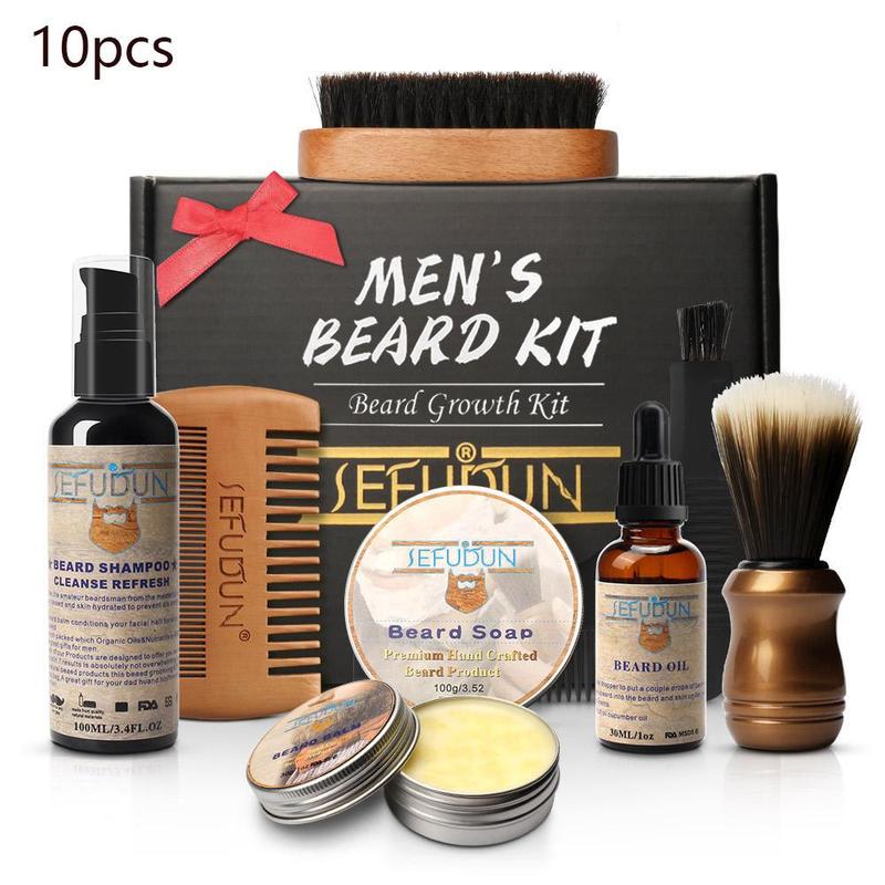 Men's Beard Care Cleaning & Styling Tool Set, 10pcs set Beard Soap & Brush & Oil & Shampoo & Comb & Storage Bag, Great Gift for Father Boyfriend