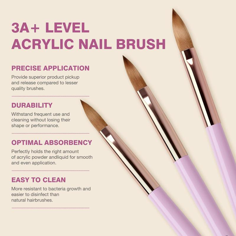 Acrylic Nail Brush Set, 3 Counts Professional Acrylic Powder Brushes for Nails Extension & 3d Nail Carving, Manicure & Pedicure Tools for Women & Girls