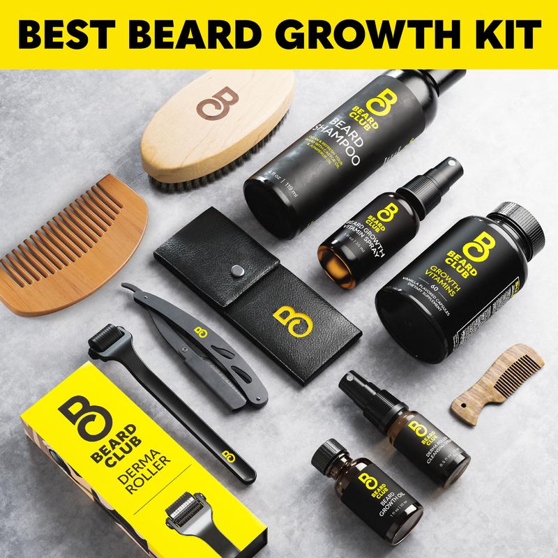 Ultimate Beard Growth Kit - Beard Club - Derma Roller, Beard Growth Oil, Beard Growth Vitamins, Beard Growth Vitamin Spray, Beard Shampoo, Derma Cleansing Spray, Beard Brush, Straight Razor, Beard Comb, Mustache Comb - Gift Set