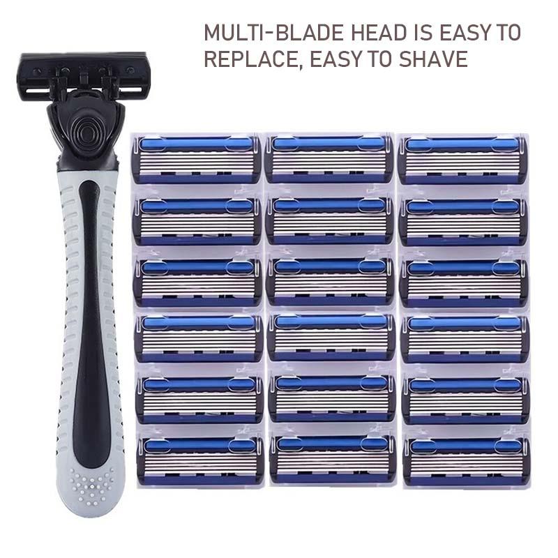 1 Handle with 19 Razor Blades Refills, 6 Blade Razor Men, Men's Safety Razor Blades for Shaving ,Reusable Face Cleansing Care Tool Manual Safety