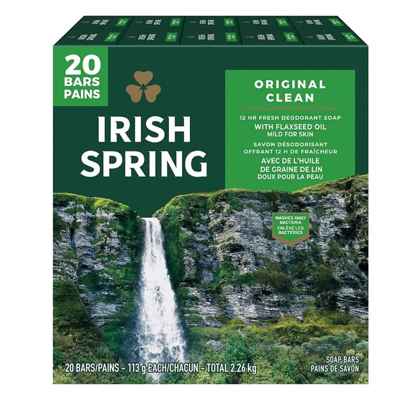 Irish Spring Original Clean Men's Bar Soap, Pack of 20, with Flaxseed Oil - Body Care