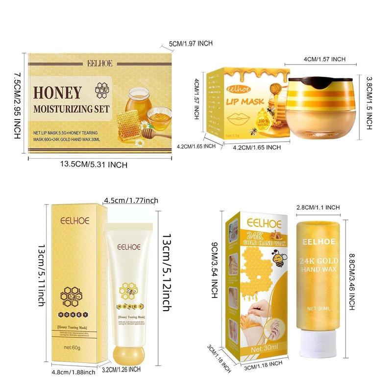 Honey Moisturizing Set, 1 Set Honey Moisturizing Body Care Set, Including Honey Moisturizing Tearing Mask & Hand Mask & Lip Mask & Lip Brush Stick