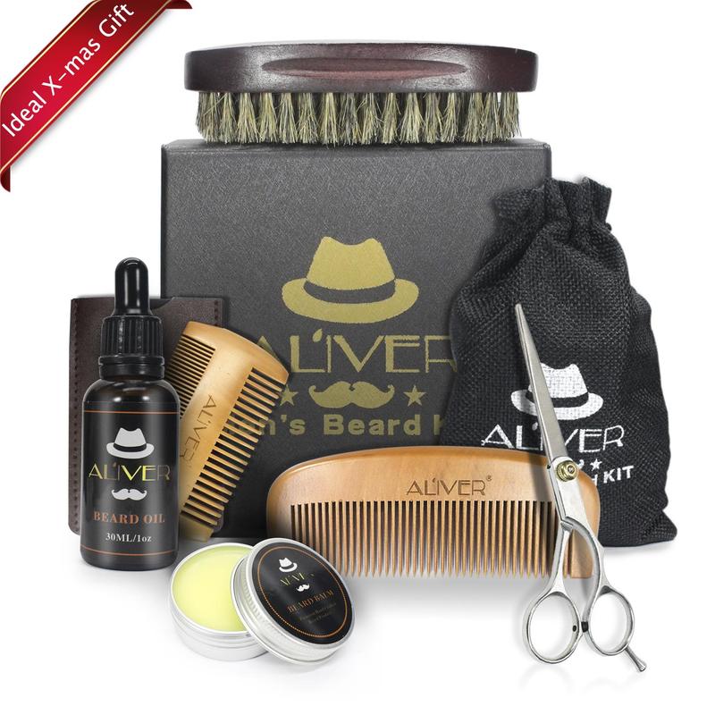 Men's Beard Care Set, 7 Counts set Beard Oil & Beard Cream & Comb & Brush & Scissors & Double Comb & Drawstring Cloth Bag, Gift for Boyfriend, Father