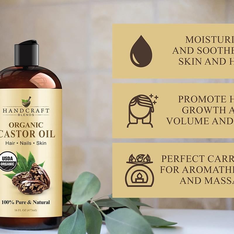 Handcraft Blends Organic Castor Oil - 16 Fl Oz - 100% Pure and Natural - Premium Grade Oil for Hair Growth, Eyelashes and Eyebrows - Carrier Oil - Hair and Body Oil - Expeller-Pressed and Hexane-Free