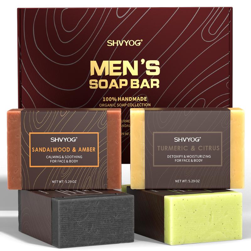 SHVYOG 4 Pcs Mens Soap, Fathers Day Gifts, Mens Bar Soap, Cold Pressed Handmade Exfoliating Natural Soap, Deep Cleansing, Moisturizing Bar Soap for Body & Face - Sandalwood Amber, Mint, Charcoal, Turmeric Body Care Calming Gentle Nourishing