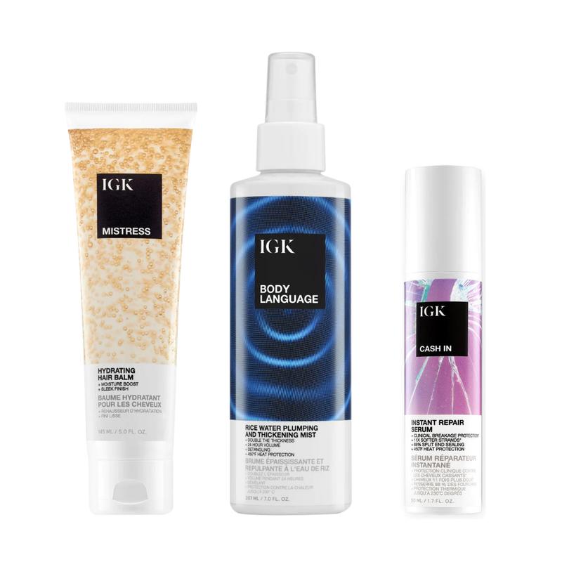 IGK UNDERRATED ESSENTIALS | Mistress Hair Balm + Body Language Thickening Mist + Cash In Repair Serum