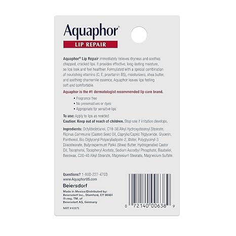 Aquaphor Lip Repair Ointment – Long-lasting Relief for Chapped, Dry Lips – .35 fl. oz. Tube for Deep Moisture