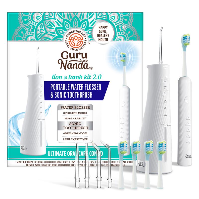 GuruNanda Lion & Lamb Kit 2.0, Electric Toothbrush with Water Flosser Combo, 4 Jet Tips, 4 Brush Heads & IPX7 Waterproof Design for Complete Oral Care