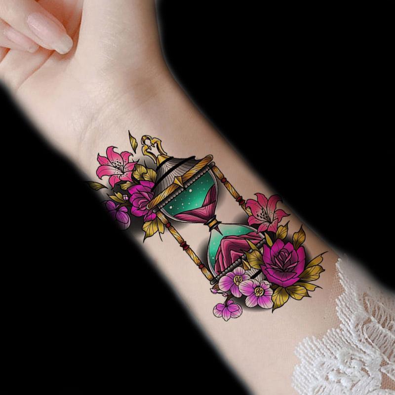 Hourglass & Flowers Pattern Temporary Tattoos, 1 Count Body Art Decoration Sticker For Women And Girls