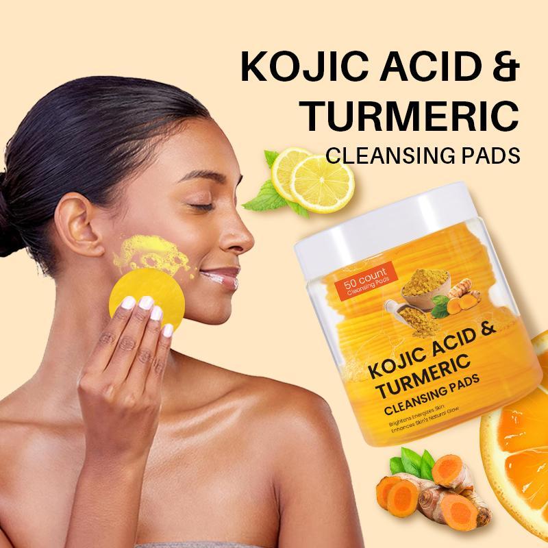 Turmeric & Kojic Acid Face Cleansing Pads, 50pcs box Brightening Exfoliating Cleanser for Acne-prone Skin & Makeup Removal for Face & Body Women & Men